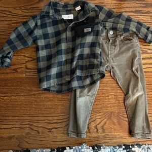 Zara Kids Plaid Button-Down Flannel Shirt with matching slim Jean- Black and Tan